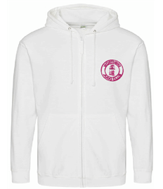 Unisex White Zipped Hoodie (Embroidered - Pink logos)