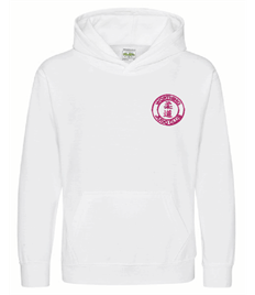 Kid's White Hoodie (Embroidered - Pink logos)