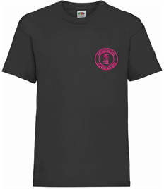 Kid's Black Cotton T-shirt (Embroidered - Pink logos)