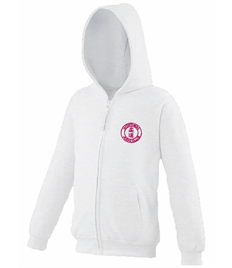 Kid's White Zipped Hoodie (Embroidered - Pink logos)