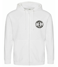 Unisex White Zipped Hoodie. (Embroidered - Black logos)